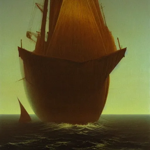 Image similar to a galleon by Zdzisław Beksiński, oil on canvas