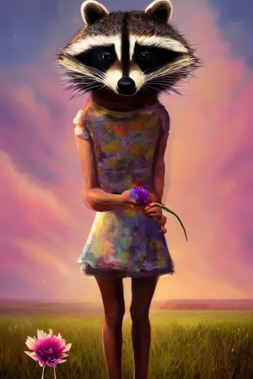 Prompt: beautiful female anthropomorphic raccoon wearing a dress on salt flats holding a flower, surreal photography, sunrise, dramatic light, impressionist painting, colorful clouds, digital painting, artstation, simon stalenhag