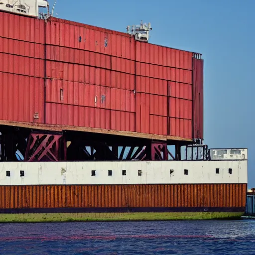 Prompt: timber house on a freight ship