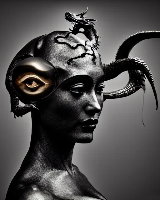 Prompt: surreal mythical dreamy dark artistic black and white fine art photo of a monumental bronze sculpture of a female - orchid - dragon - cyborg with a luminous brain, rim light, cinematic, studio dramatic light, poetic, octane render, 8 k, photo - realistic, by floria sigismondi and dora maar