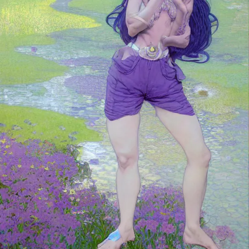 Image similar to A woman with violet hair and long pixie haircut in shorts and white shirt drawn by Donato Giancola and Jon Foster, frank frazetta, alphonse mucha, background by James Jean and gustav klimt, 4k, volumetric lighting, french nouveau, trending on artstation, octane render, hyperrealistic