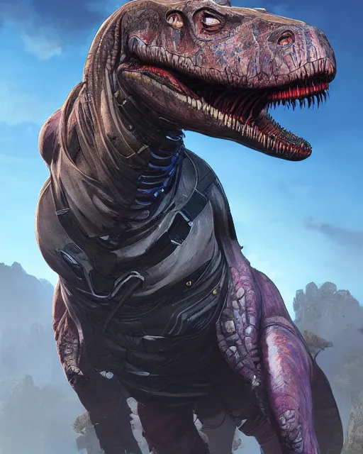 Image similar to trex as an apex legends character digital illustration portrait design by, wayne barlowe detailed, gorgeous lighting, wide angle action dynamic portrait