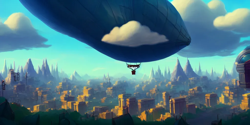 Image similar to the city in the of piltover, in the style from netflix's arcane, blimps in the sky, blue skies, soft clouds, trending on artstation