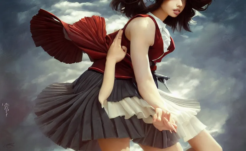 Image similar to a beautiful woman with school uniform dancing, seifuku, pleated miniskirt, overknee socks, adriana lima, painted by artgerm and tom bagshaw, fantasy art, dramatic lighting, highly detailed oil painting, volumetric lighting