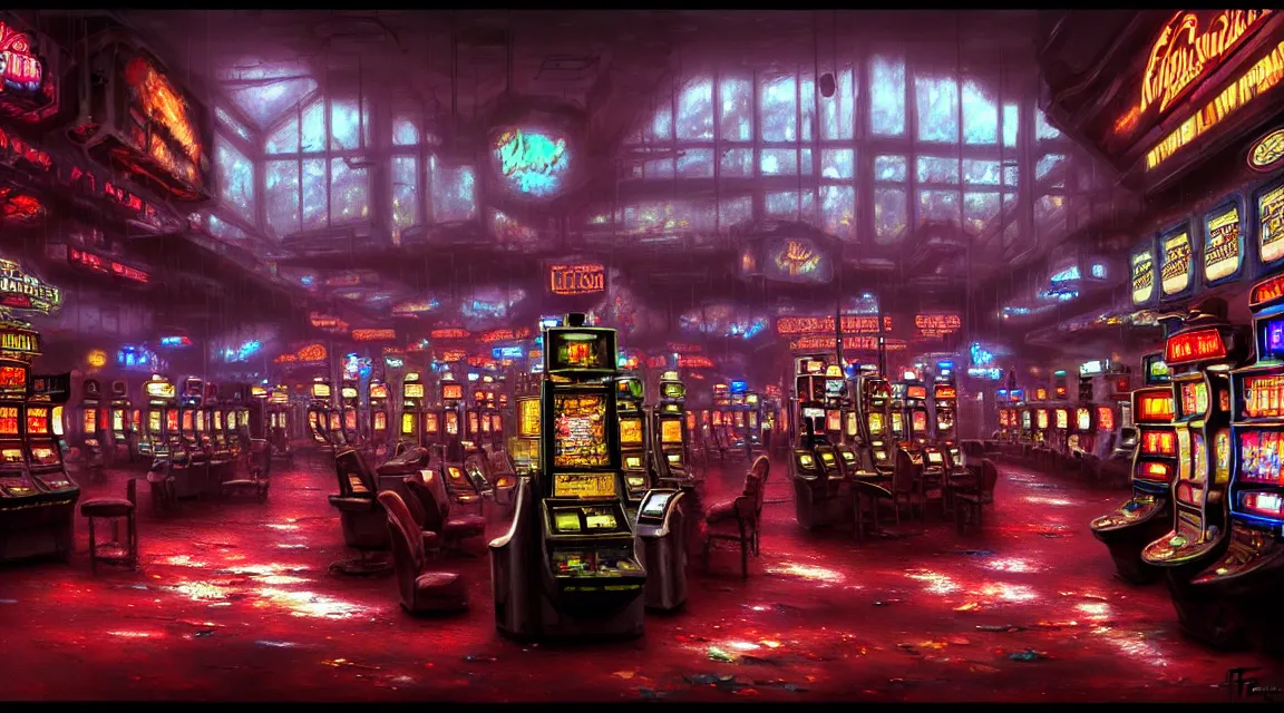 Prompt: post apocalyptic room interior, casino, human silhouettes, by thomas kinkade trending on artstation, photorealistic, hyper detailed, hyper realistic, cyberpunk vibrant colors, spilled blood, weapon damage