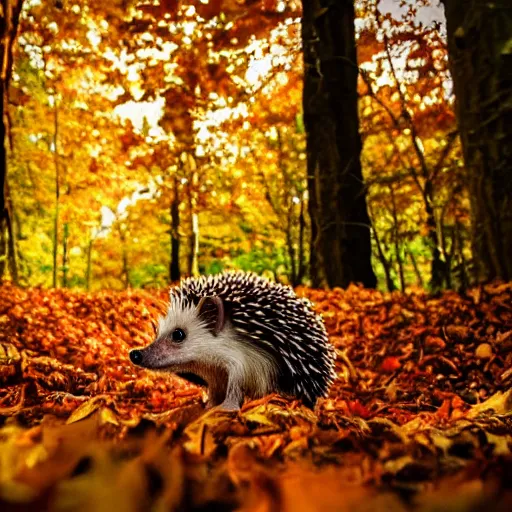 Prompt: hedgehog in the style of tom chambers, warm colours, autumn colours, cinematic lighting, front profile