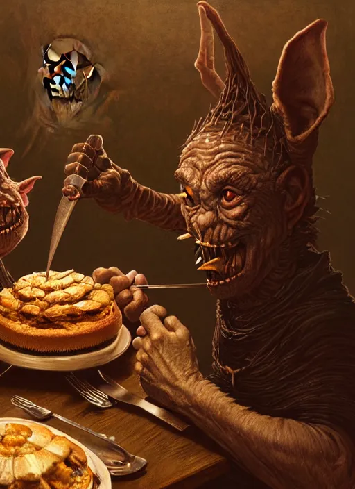 Prompt: highly detailed closeup portrait of a medieval goblin eating cakes, stephen bliss, unreal engine, greg rutkowski, ilya kuvshinov, ross draws, hyung tae and frank frazetta, tom bagshaw, tom whalen, nicoletta ceccoli, mark ryden, earl norem, global illumination, god rays, detailed and intricate environment