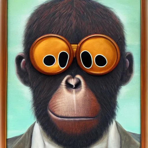 Image similar to framed portrait painting of an anthropomorphized orangutan, wearing a monocle and a small bowler hat, oversized mustache. dark outlining style. highly detailed