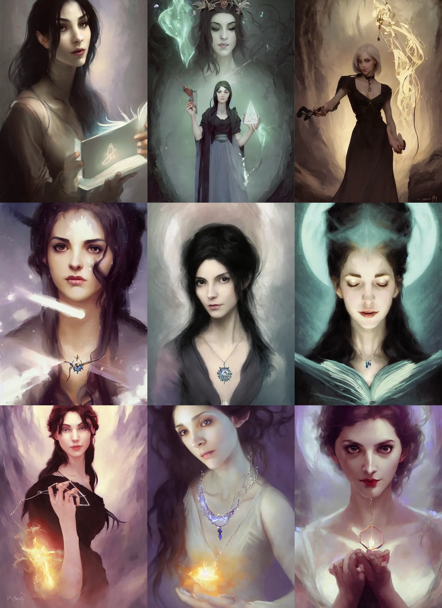 Prompt: character concept portrait of an attractive young focused Spanish witch with pale skin and a magic crystal necklace enchanting a glowing seduction spell, a floating glowing spell book in the center, intricate, elegant, digital painting, concept art, smooth, sharp focus, illustration, from Metal Gear, by Ruan Jia and Mandy Jurgens and William-Adolphe Bouguereau, Artgerm