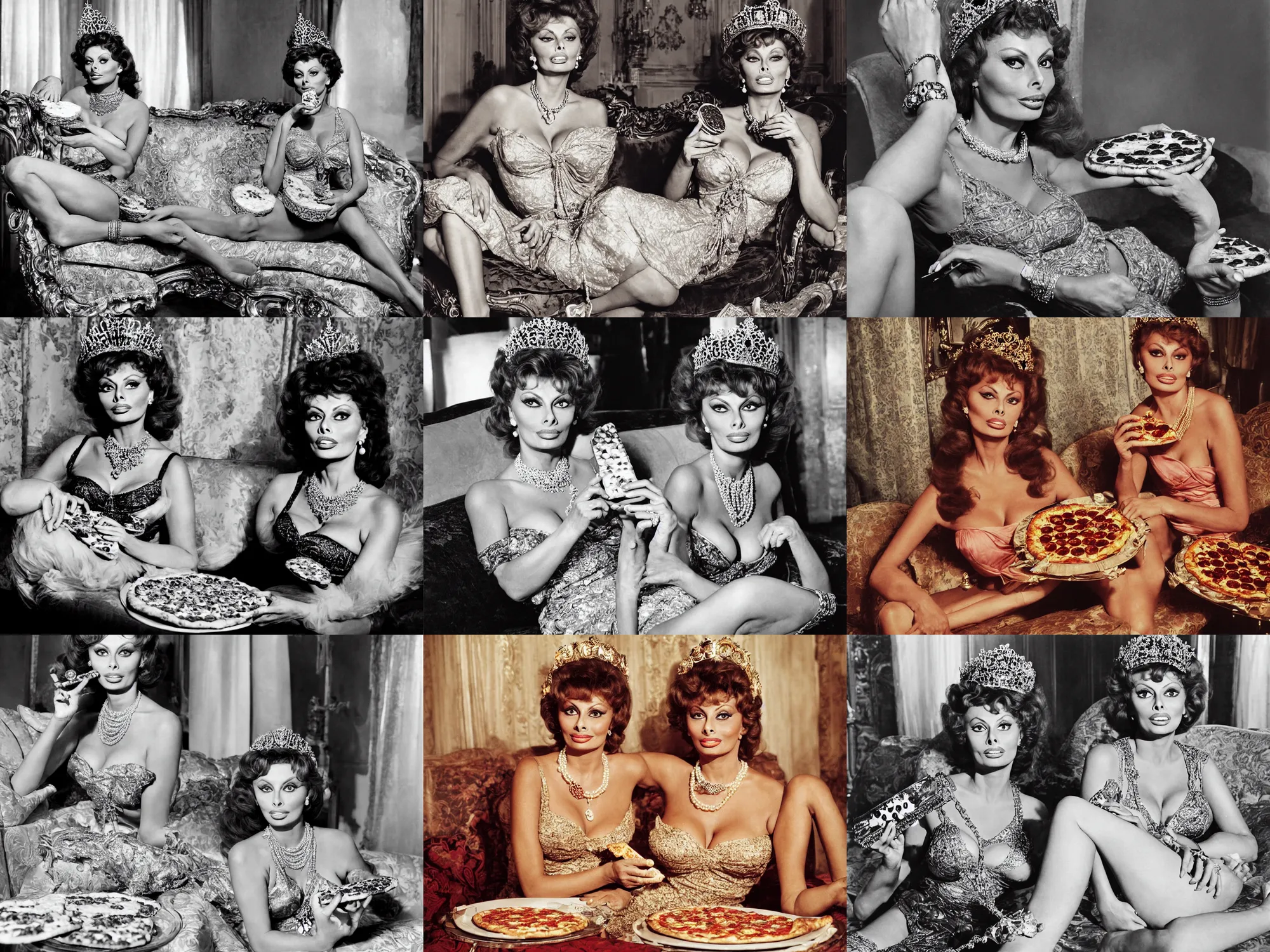 Prompt: photo of sophia loren, young, relaxed pose, antique luxury sofa, holding pizza, eating pizza, sharing pizza, intricate ornamented tiara, opulent pearl necklace, laced dress, golden lighting, sharp focus, masterpiece, extremely coherent