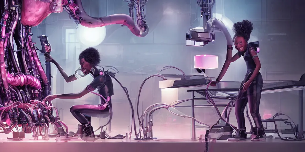 Prompt: a black girl scientist constructing a giantic analogic synthsizer with a lot of button potenciometers and iron cables played by a antropomorphic pink elephant, futuristic, cyberpunk, biomechanical, xenomorphic, photorealistic, ultra detailed, 4 k, chomatic aberration, dof