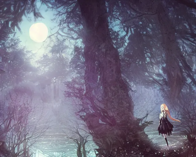 Image similar to goth woman in a moonlight view, in a forest, a river, tankoban, 4 k, tone mapping, akihiko yoshida, james jean andrei riabovitchev marc simonetti, yoshitaka amano, long hair, curly, h. hydrochaeri