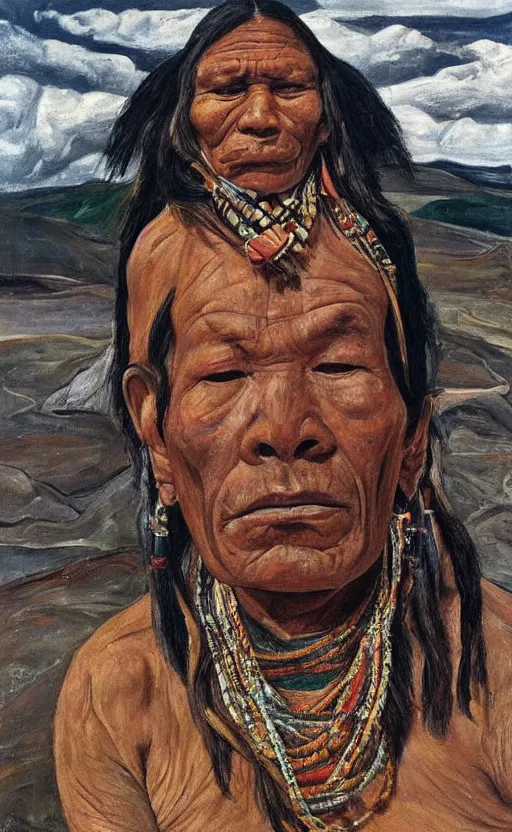 Prompt: full body shot picture of indigenous people leader gazing into the horizon, painted by lucian freud, hd, super detailed, realistic, muted colors