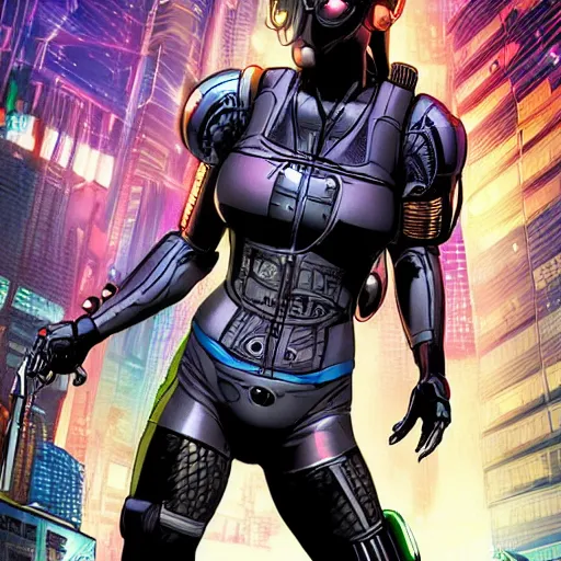 Prompt: A comic book cover of a female cyberpunk mercenary wearing cybernetic sci fi head gear and earpiece in the style of DC Comics, highly detailed, oil on canvas