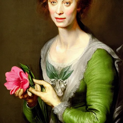 Prompt: Emily Blunt wearing green tunic holding a flower. Painted by Rubens, high detail