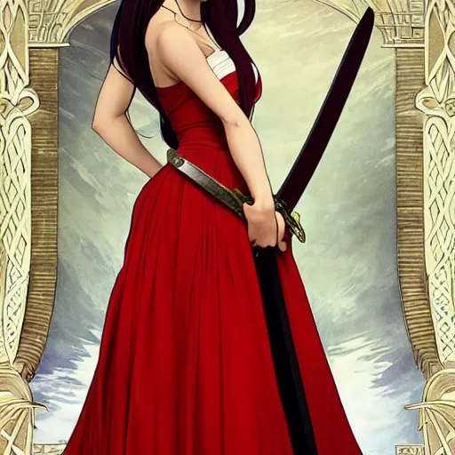 Image similar to dslr photo of beautiful erza scarlet wearing a elegant dress, standing holding a katana that is very detailed, portrait photo, real photo, real camera, extreme detailed face and body, high quality, moody lighting, fast paced lines, sharp quality, artgem, enchanting lighting, 8 k, art by alphonse mucha and greg rutkowski