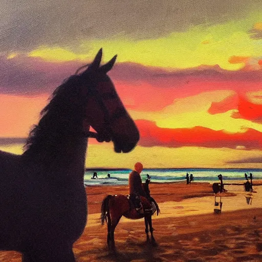 Prompt: Joe Biden riding a horse eating pizza on the beach in Hawaii at sunset, artistic oil painting