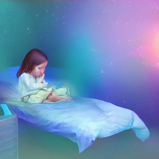 Prompt: A wide shot of a child asleep in bed, their dream hovering over their head like a hologram, beautiful digital painting