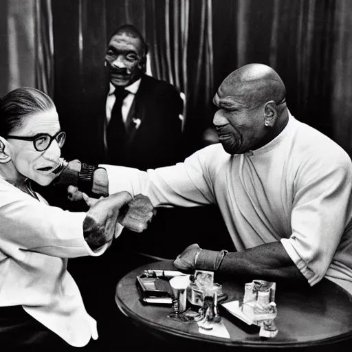 Image similar to Ruth Bader Ginsburg arm wrestling Mike Tyson, 4k, photo realistic, by Ansel Adams