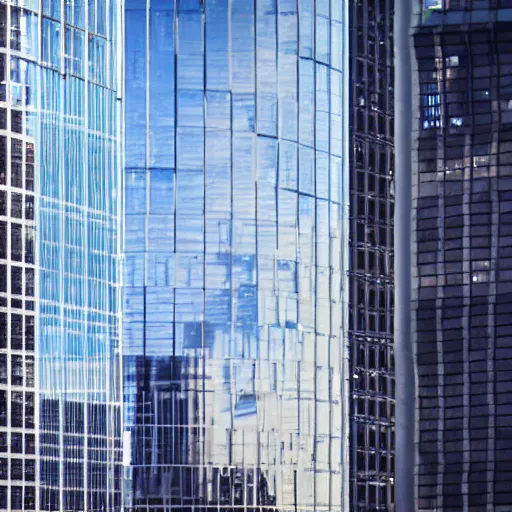 Prompt: a group of tall glass reflective buildings in a city, an ambient occlusion render by karl ballmer, shutterstock contest winner, modular constructivism, cryengine, global illumination, rendered in cinema 4 d