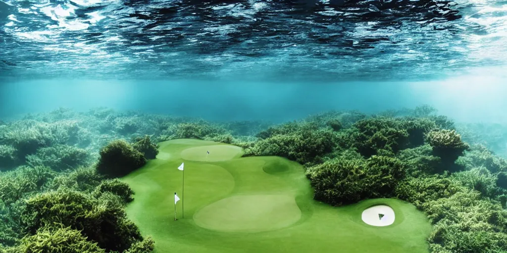 Image similar to a great photograph of the most amazing golf hole in the world under water, fish everywhere, perfect light, ambient light, 5 0 mm, golf digest, top 1 0 0, fog