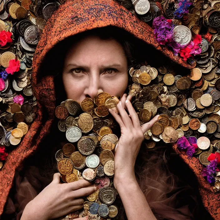 Image similar to closeup portrait of a woman wearing a cloak made of coins and flowers, standing in an apocalyptic smoking city, by Annie Leibovitz and Steve McCurry, natural light, detailed face, CANON Eos C300, ƒ1.8, 35mm, 8K, medium-format print