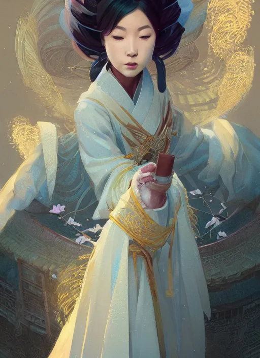 Image similar to detailed queen wearing hanfu, art by greg rutkowski, loish, rhads, ferdinand knab, makoto shinkai and lois van baarle, ilya kuvshinov, rossdraws, tom bagshaw, global illumination, radiant light, detailed and intricate environment