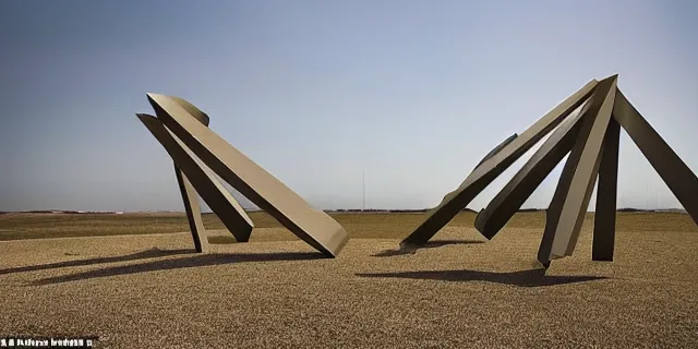 Image similar to To fathom hell or go angelic, just take a pinch of psychedelic. Photograph of a colossal minimalistic sculptural installation collaboration by Anthony Caro and Antony Gormley, reimagined by future artists on a distant planet