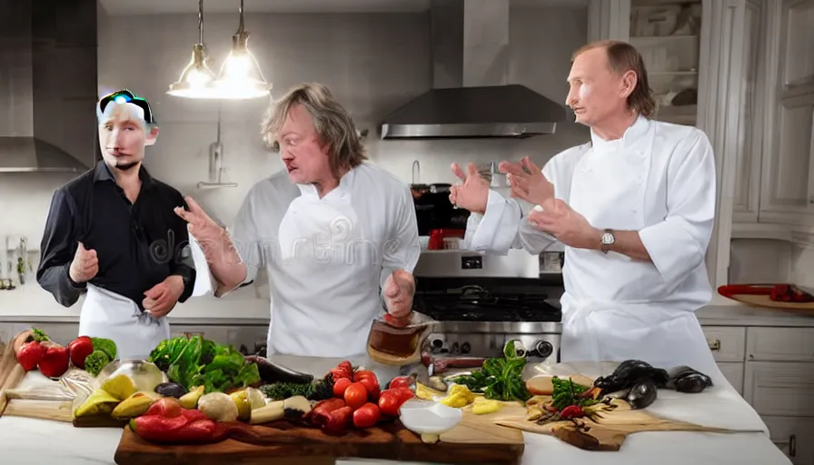 Prompt: vladimir putin and james may in white apron in kitchen cooking dinner. stock photo, high key lighting, photograph