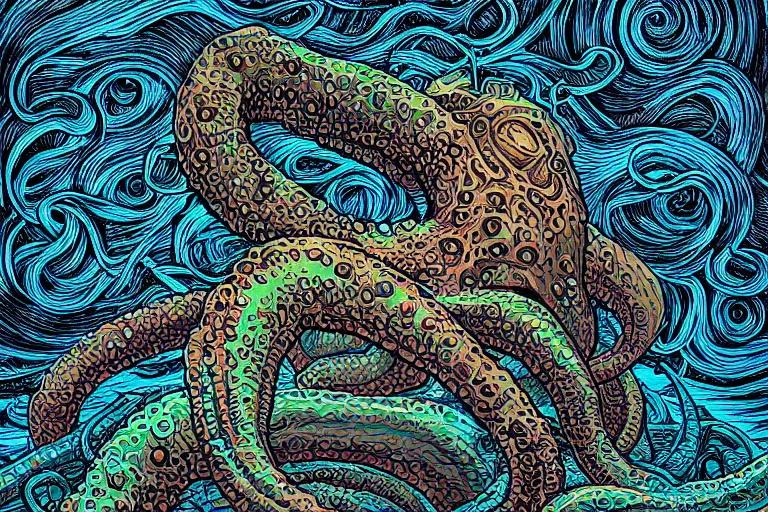 Image similar to a giant lovecraftian tentacle creature gripping a black hole by dan mumford, digital art, photorealistic, vivid colors, highly detailed, intricate