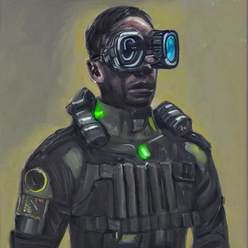 Prompt: portrait painting of a futuristic soldier with advanced night vision goggles, black outfit