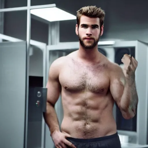 Image similar to a realistic detailed photo of a guy who is an attractive humanoid who is half robot and half humanoid, who is a male android, actor liam hemsworth, shiny skin, posing like a statue, blank stare, in a lab, on display, showing off his muscles