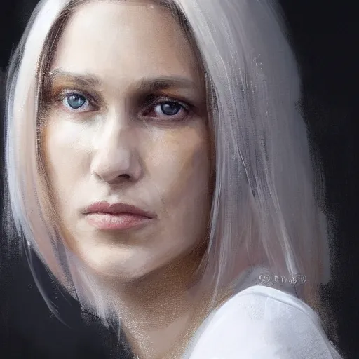 Prompt: Portrait of a woman by Greg Rutkowski, she is about 40 years old, pretty, blond hair with two strans around her face, slavic features, melancholic gaze, pretty aquiline nose, affectionate mom vibes, she is wearing a white and black utilitarian jumpsuit, highly detailed portrait, digital painting, artstation, concept art, smooth, sharp foccus ilustration, Artstation HQ.