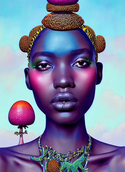 Prompt: pretty african model with hallucination mushroom : : by martine johanna and simon stalenhag and chie yoshii and casey weldon and wlop : : ornate, dynamic, particulate, rich colors, intricate, elegant, highly detailed, vogue, harper's bazaar art, fashion magazine, smooth, sharp focus, 8 k, octane render,