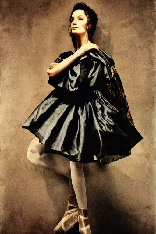 Image similar to hyperrealism fashion portrait woman in a ballet dress and army boots sits on a silk fabric by Roversi photo from The Holy Mountain by Alejandro Jodorowsky in style of Francisco Goya