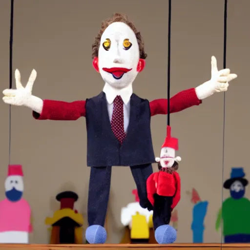 Image similar to puppet show of a string marionette of a president with clown face in a podium