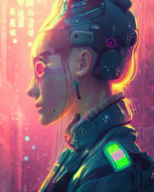 Prompt: detailed side profile portrait Neon Operator Girl, cyberpunk futuristic neon, reflective puffy coat, decorated with traditional Japanese ornaments by Ismail inceoglu dragan bibin hans thoma greg rutkowski Alexandros Pyromallis Nekro Rene Maritte Illustrated, Perfect face, fine details, realistic shaded, fine-face, pretty face