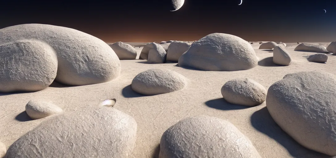 Image similar to octane render uhd, filmic lighting, cinematic art shot, hyperrealistic, hyperdetailed, super detailed, 8 k, high resolution, sandy white moon landscape, white rocks made of bone, 8 k uhd matte painting, mega high white mountain, midnight