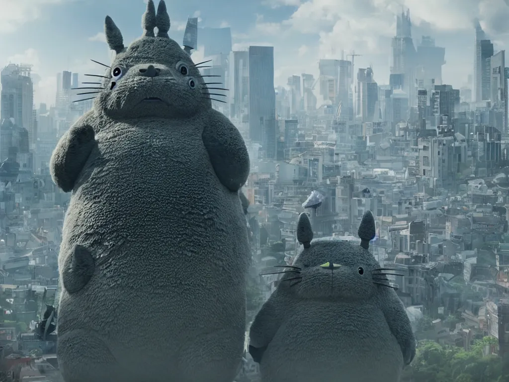 Image similar to Giant Totoro Kaiju towering over a city as people run away, photo realistic, movie still, 4k, 8k, action film