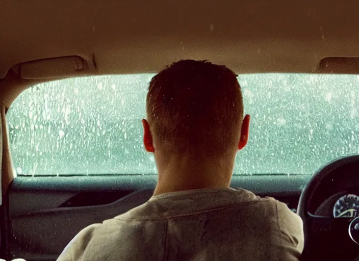 Image similar to A very high resolution image from a new movie, inside of a car, raining, hot, directed by wes anderson