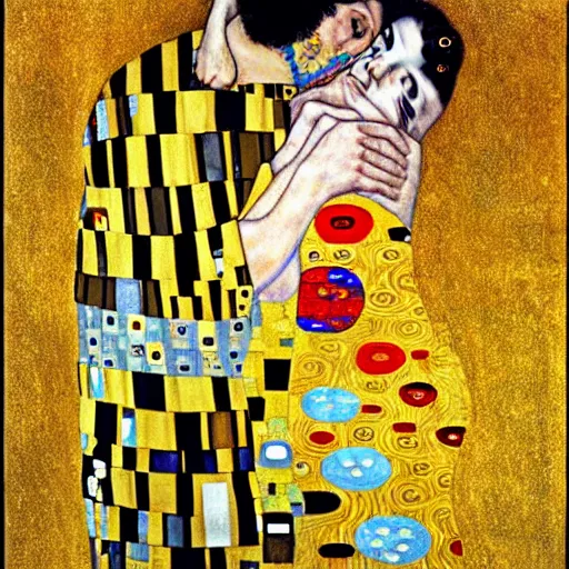 Image similar to a man hugging himself, Gustav Klimt painting