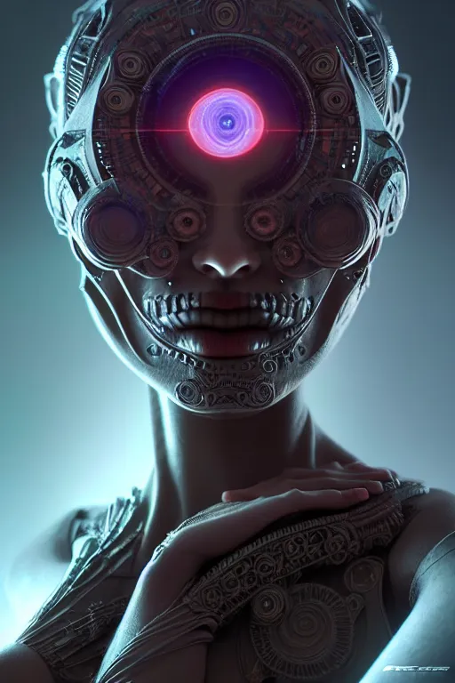 Image similar to ultra detailed Female Android deity, scifi, octane render, clay render, (dia de los muertos), asymmetrical, intricate concept art, art by artgerm and DZO and greg rutkowski and loish and WLOP