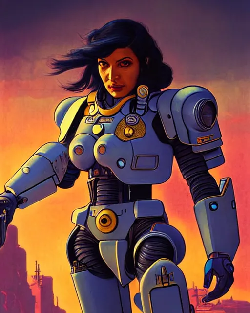 Image similar to pharah from overwatch, battletech, character portrait, portrait, close up, concept art, intricate details, highly detailed, vintage sci - fi poster, retro future, vintage sci - fi art, in the style of chris foss, rodger dean, moebius, michael whelan, and gustave dore