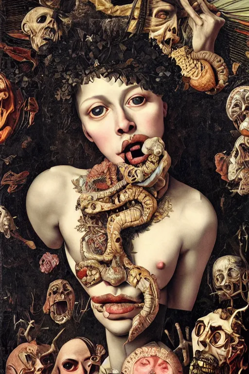 Image similar to Detailed maximalist portrait with large lips and with large wide eyes, surprised expression, surreal extra flesh and bones, HD mixed media, 3D collage, highly detailed and intricate, illustration in the golden ratio, in the style of Caravaggio, dark art, baroque