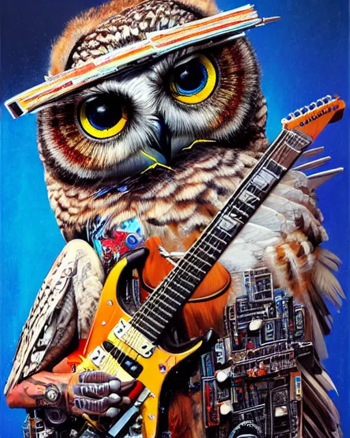 Image similar to a portrait of an anthropomorphic cyberpunk owl shredding an electric guitar by sandra chevrier, by jon foster, detailed render, tape deck, epic composition, cybernetics, 4 k realistic, cryengine, realistic shaded lighting, sharp focus, masterpiece, by enki bilal