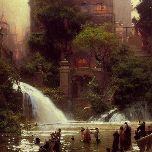 Image similar to waterfall flooding an entire city. victorian age. highly detailed painting by gaston bussiere, craig mullins, j. c. leyendecker