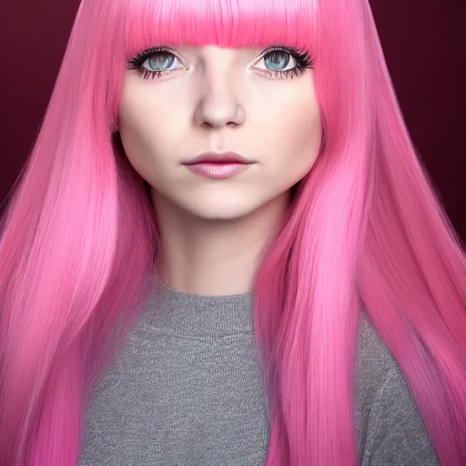 Image similar to A portrait of Nikki from Shining Nikki, a 3d cgi toon young woman with long pink hair, full bangs, hazel amber eyes, full face, light makeup, pale skin, Chinese, medium shot, mid-shot, soft focus, 4k, trending on artstation