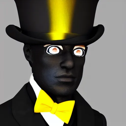 Image similar to a highly detailed portrait of a man in a high top hat covering his face, in a black tailcoat with a yellow waistcoat under the tailcoat, artstation, deviantart, professional, unreal engine 5, photorealistic