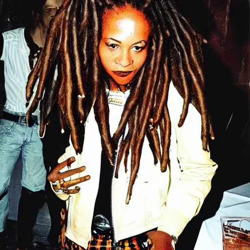 Image similar to jamaican woman with dreads wearing a leather jacket and a plaid miniskirt at a fancy restaurant, polaroid, by nan goldin, jamel shabbaz, gregg araki