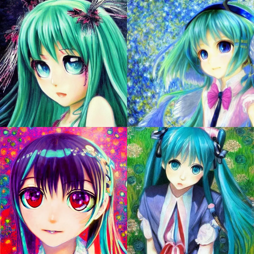 Prompt: Hatsune miku with sparkly big eyes, detailed eyes, moe, painting by Claude Monet, tkmiz